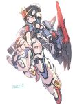  1girl artist_name black_hair blue_eyes boots breasts clenched_hands dated extra_arms gundam highres leotard long_hair looking_down mecha_musume medium_breasts metal_boots personification rondo_bell solo thigh_boots thighhighs v-fin white_leotard zeta_gundam zeta_gundam_(mobile_suit) 