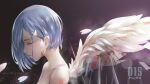  1girl angel angel_wings artist_name bare_shoulders black_background blood blood_on_arm blood_on_face blood_stain bloody_wings blue_hair blurry bob_cut bokeh character_name cherry_blossoms chinese_commentary closed_eyes commentary_request copyright_name darling_in_the_franxx depth_of_field eyelashes feathered_wings from_side hair_ornament hair_strand hairclip highres ichigo_(darling_in_the_franxx) nude parted_lips profile pugwit short_hair solo spikes white_feathers white_wings wings 