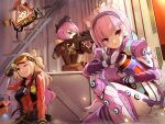  3girls ;) animal_ear_fluff animal_ears apex_legends arm_up bangs baseball_cap beret black_hairband black_headwear blonde_hair bloodhound_(apex_legends) bloodhound_(apex_legends)_(cosplay) blue_hair bodysuit braid breasts brown_gloves brown_jacket cat_ears closed_mouth commentary_request cosplay eyebrows_visible_through_hair fake_horns fang fang_out g7_scout gloves glowing green_eyes gun hair_bun hairband hat highres holding holding_gun holding_weapon hololive horizon_(apex_legends) horizon_(apex_legends)_(cosplay) horned_headwear horns jacket lifeline_(apex_legends) lifeline_(apex_legends)_(cosplay) long_hair loot_tick low_twintails medium_breasts megaphone minato_aqua momosuzu_nene multicolored_hair multiple_girls nekko_(momosuzu_nene) one_eye_closed one_knee one_side_up oozora_subaru overfloater_horizon pink_bodysuit pink_hair purple_eyes red_eyes red_headwear red_jacket robot smile sue_(bg-bros) tokoyami_towa twin_braids twintails two-tone_hair very_long_hair virtual_youtuber vital_signs_lifeline weapon whistle white_bodysuit wise_warrior_bloodhound 