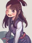  1girl bangs blue_dress blush brown_eyes brown_hair check_commentary collared_shirt commentary_request cowboy_shot dress grey_background highres kagari_atsuko little_witch_academia long_hair long_sleeves looking_at_viewer luna_nova_school_uniform madabau one_eye_closed open_mouth pinafore_dress school_uniform shadow shirt sleeveless solo teeth upper_teeth white_shirt 