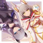  2girls animal_ears bangs blue_eyes blunt_bangs cat_ears enni facial_mark head_wings highres mask mask_removed melia_antiqua multiple_girls nia_(blade)_(xenoblade) nia_(xenoblade) short_hair silver_hair xenoblade_chronicles_(series) xenoblade_chronicles_3 yellow_eyes 