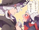  !? 2girls akari_(pokemon) black_headwear blush cogita_(pokemon) commentary_request confession face-to-face from_side green_eyes grey_eyes hand_grab head_scarf looking_at_another multiple_girls open_mouth pokemon pokemon_(game) pokemon_legends:_arceus ponytail profile purple_hair sweat translated upper_body white_hair yellow_background yunarun yuri 