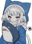  1girl :&lt; animal_ears animal_hood bangs blue_eyes blue_hoodie blush cat_ears cat_tail commentary drawstring gawr_gura hair_ornament highres holding holding_stuffed_toy hololive hololive_english hood hood_up hoodie ikea_shark looking_at_viewer shark_hair_ornament shark_hood sidelocks simple_background solo speech_bubble spoken_squiggle squiggle stuffed_animal stuffed_shark stuffed_toy tail tears two_side_up upper_body virtual_youtuber white_background white_hair yonako_(123456nya) 