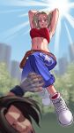  1girl baggy_pants basket belt blonde_hair blue_eyes blue_mary breasts crop_top fatal_fury highres lyoung0j medium_hair midriff navel pants stomach straight_hair the_king_of_fighters white_footwear 