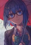  1girl bangs black-framed_eyewear black_jacket blue_eyes blue_hair bow bowtie ciel_(tsukihime) closed_mouth collared_shirt commentary eyebrows_visible_through_hair fujikawa_ua glasses green_bow hair_between_eyes head_tilt highres holding holding_umbrella jacket lips looking_at_viewer open_clothes open_jacket pink_lips rain red_umbrella school_uniform shirt short_hair smile solo tsukihime tsukihime_(remake) umbrella uniform upper_body vest white_shirt yellow_vest 