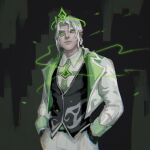  1boy alternate_costume alternate_hairstyle aredlac bangs black_background black_vest collared_shirt glowing glowing_eyes green_background green_jacket green_necktie grey_hair hands_in_pockets highres jacket league_of_legends male_focus monocle necktie pants shirt smile solo vest viego_(league_of_legends) white_jacket white_pants white_shirt 