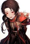  1boy armor bouquet brown_hair coat earrings flower highres japanese_armor jewelry kashuu_kiyomitsu kashuu_kiyomitsu_(kiwame) male_focus mole mole_under_mouth open_mouth pink_flower pink_rose ponytail red_eyes red_flower red_rose red_scarf rose scarf smile touken_ranbu white_background yamada_chickenko 