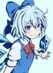  1girl bangs blue_background blue_dress blue_eyes blue_hair blue_theme bow cirno closed_mouth collared_shirt commentary_request dress eyebrows_visible_through_hair hair_between_eyes hair_bow highres ice ice_wings looking_at_viewer madabau neck_ribbon pinafore_dress puffy_short_sleeves puffy_sleeves red_ribbon ribbon shirt short_hair short_sleeves simple_background smile solo touhou upper_body white_shirt wings 