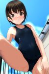  1girl absurdres arm_at_side bangs bare_legs black_hair black_swimsuit blue_sky blush brown_eyes cloud covered_navel day eyebrows_visible_through_hair highres looking_at_viewer matsunaga_kouyou old_school_swimsuit original outdoors parted_lips railing school_swimsuit short_hair sky solo swimsuit thighs wet 
