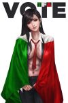  1girl absurdres between_breasts black_hair breasts english_text final_fantasy final_fantasy_vii final_fantasy_vii_remake flag highres italian_flag italian_senate_porn_livestream long_hair looking_to_the_side makeup monori_rogue navel necktie red_eyes red_tie simple_background solo tifa_lockhart toned white_background 