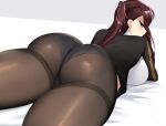  1girl ass black_legwear black_panties breasts brown_hair girls&#039;_frontline hair_ribbon half_updo highres large_breasts long_hair lying on_back one_side_up panties panties_under_pantyhose pantyhose red_eyes red_ribbon ribbon sana!rpg solo thighband_pantyhose underwear wa2000_(girls&#039;_frontline) 