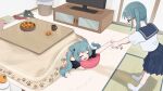  2girls :3 absurdres animal_(vocaloid) black_shirt blue_eyes blue_sailor_collar blue_skirt book book_stack bow cat_hair_ornament cinderella_(vocaloid) commentary_request cup drawer facial_mark fang flat_screen_tv food fruit hair_bow hair_ornament hairclip hatsune_miku highres holding_another&#039;s_arm indoors kagami_mochi kotatsu mandarin_orange mug multiple_girls nail_art nail_polish object_hug off-shoulder_shirt off_shoulder open_mouth paw_hair_ornament paw_print pillow pleated_skirt pulling rectangular_eyewear red-framed_eyewear rozu_ki sailor_collar saliva school_uniform serafuku shirt short_sleeves skin_fang skirt sliding_doors socks table tatami television trash_can vocaloid whisker_markings white_legwear white_shirt 