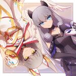  2girls animal_ears bangs blue_eyes blunt_bangs cat_ears enni facial_mark head_wings highres mask mask_removed melia_antiqua multiple_girls nia_(blade)_(xenoblade) nia_(xenoblade) short_hair silver_hair xenoblade_chronicles_(series) xenoblade_chronicles_3 yellow_eyes 