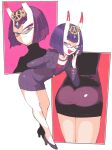  1girl alternate_costume ass bob_cut business_suit eyeliner fate/grand_order fate_(series) formal glasses highres horns inkerton-kun jewelry looking_at_viewer makeup necklace office_lady oni oni_horns pearl_necklace pencil_skirt purple_eyes purple_hair short_eyebrows short_hair shuten_douji_(fate) skin-covered_horns skirt skirt_suit smile solo suit 