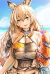  1girl animal_ears arknights bag bare_shoulders blurry blurry_background breasts brown_eyes ceobe_(arknights) ceobe_(summer_flowers)_(arknights) chain_necklace cleavage coat commentary_request dog_ears dog_girl highres large_breasts lips navel open_clothes open_coat open_mouth orange_hair sky smile solo swimsuit yokaze_(yokajie) 