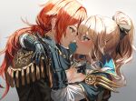  1boy 1girl after_kiss arm_around_neck black_bow black_shirt blonde_hair blue_capelet blue_eyes blurry blush bow breasts capelet center_opening cleavage commentary depth_of_field diluc_(genshin_impact) eye_contact eyebrows_visible_through_hair face-to-face from_side gauntlets genshin_impact gold_trim gradient gradient_background grey_background hair_between_eyes hair_bow half_updo hetero jean_(genshin_impact) long_hair looking_at_another looking_at_viewer medium_breasts open_mouth ponytail profile red_eyes red_hair saliva saliva_trail shirt silence_girl simple_background tassel tongue tongue_out upper_body white_shirt 