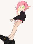  ayane_hylo bangs black_footwear black_jacket blonde_hair clenched_hand colored_inner_hair green_eyes highres indie_virtual_youtuber jacket looking_down multicolored_hair onionsketch open_hand pink_hair shoes short_hair shorts smile sneakers streaked_hair virtual_youtuber white_background white_shorts 