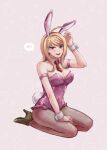  1girl ahoge akamatsu_kaede animal_ears bangs bare_shoulders blonde_hair blush bow breasts brown_footwear cleavage danganronpa_(series) danganronpa_v3:_killing_harmony detached_collar fake_animal_ears fishnet_legwear fishnets geqian_guiyu grey_background hair_ornament high_heels large_breasts leotard long_hair looking_at_viewer musical_note_hair_ornament pantyhose pink_leotard playboy_bunny rabbit_ears seiza simple_background sitting solo spoken_blush symbol-only_commentary wrist_cuffs 