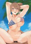 1boy 1girl absurdres american_flag_bikini beach bikini blush breasts brown_hair censored commission commissioner_upload cowgirl_position feet_out_of_frame female_pubic_hair flag_print hands_on_another&#039;s_hips heart heart-shaped_pupils hetero highres intrepid_(kancolle) kantai_collection large_breasts looking_at_viewer nipples outdoors palm_tree ponytail pubic_hair sex short_hair skeb_commission straddling sweat swimsuit symbol-shaped_pupils tree wasavi_8 