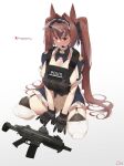  1girl absurdres animal_ears aronman assault_rifle blue_bow blue_bowtie blush bow bowtie breasts brown_hair bulletproof_vest daiwa_scarlet_(umamusume) detached_collar earpiece fang fn_scar garter_straps gloves gradient gradient_background grey_background gun hair_intakes highres horse_ears horse_girl large_breasts long_hair looking_at_viewer magazine_(weapon) patch red_eyes rifle sideboob signature solo tactical_clothes thighhighs twintails twitter_username umamusume very_long_hair visor weapon white_background 