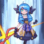  1girl ahoge bangs black_bow black_gloves blue_hair bow breasts collarbone commentary_request dress drill_hair eyebrows_visible_through_hair feet_out_of_frame gloves gradient gradient_background green_eyes gwen_(league_of_legends) hair_bow heterochromia holding kill_la_kill league_of_legends long_hair phantom_ix_row scissor_blade scissors shiny shiny_hair smile twin_drills twintails 