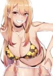  1girl absurdres bangs bare_arms bare_shoulders bikini black_bikini black_choker blonde_hair blush breasts choker cleavage colored_tips commentary ear_piercing earrings eyebrows_visible_through_hair fake_nails floral_print gradient_hair grin gyaru halterneck hands_on_hips highres holding jewelry kitagawa_marin large_breasts leaning_forward long_hair looking_at_viewer lovesexieie multi-strapped_bikini multicolored_hair navel out_of_frame pendant piercing pink_nails pov print_bikini red_eyes shiny shiny_hair shiny_skin signature simple_background smile sono_bisque_doll_wa_koi_wo_suru string_bikini swept_bangs swimsuit tape_measure teeth trembling white_background 