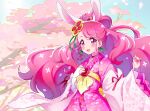  1girl :d alternate_costume animal_ears asymmetrical_bangs bangs blush commentary_request cure_grace cure_grace_(partner_form) detached_sleeves earrings extra_ears eyebrows_visible_through_hair floating_hair hanadera_nodoka healin&#039;_good_precure highres japanese_clothes jewelry kimono kyoutsuugengo long_hair long_sleeves pink_hair pink_kimono precure rabbit_ears red_eyes red_ribbon ribbon ribbon-trimmed_sleeves ribbon_trim shiny shiny_hair smile solo spring_(season) standing textless very_long_hair white_sleeves wide_sleeves yukata 