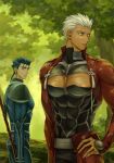  2boys archer_(fate) armor automney bara blue_hair cu_chulainn_(fate) cu_chulainn_(fate/stay_night) dark-skinned_male dark_skin earrings fate/grand_order fate_(series) from_side gae_bolg_(fate) grey_eyes injury jacket jewelry large_pectorals long_hair long_sleeves looking_at_another male_focus meme multiple_boys muscular muscular_male open_mouth pectoral_cleavage pectoral_envy_(meme) pectorals polearm ponytail red_eyes red_jacket short_hair shrug_(clothing) sideburns spear spiked_hair torn_clothes upper_body weapon white_hair yaoi 