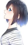  1girl :d bangs black_hair black_shirt blue_eyes blush commentary_request eyebrows_visible_through_hair from_side hair_between_eyes highres looking_at_viewer looking_to_the_side original profile shirt short_hair simple_background smile solo striped striped_shirt suzunari_shizuku teeth upper_body upper_teeth white_background white_shirt yuki_arare 