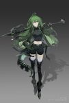  1girl :d absurdres antenna_hair arknights artist_name axe black_footwear black_gloves black_shirt black_shorts boots breasts brown_eyes crocodilian_tail fingerless_gloves full_body gavial_(arknights) gavial_(combat_medic)_(arknights) gloves gradient gradient_background green_hair green_jacket grey_background highres holding huaweishuicai jacket large_breasts long_hair long_sleeves looking_at_viewer midriff navel official_alternate_costume open_clothes open_jacket parted_lips shirt short_shorts shorts smile solo standing thigh_boots thigh_strap thighhighs thighhighs_under_boots very_long_hair watermark white_legwear 