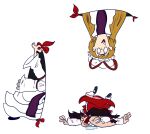  2boys bangs black_footwear blonde_hair blunt_bangs bow brown_hair cosplay detached_sleeves dot_pupils dress ed_(ed_edd_n_eddy) ed_edd_n_eddy eddy_(ed_edd_n_eddy) english_commentary gap_(touhou) hair_bow hair_tubes hakurei_reimu hakurei_reimu_(cosplay) hat hat_ribbon long_hair long_sleeves male_underwear medium_hair mob_cap multiple_boys nontraditional_miko official_style on_ground pink_male_underwear red_bow red_dress red_ribbon ribbon saliva shoes sidelocks sleeve_ribbon socks tabard theomegagod toon_(style) touhou transparent_background underwear unibrow white_dress white_headwear white_legwear white_sleeves wide_sleeves yakumo_yukari yakumo_yukari_(cosplay) 