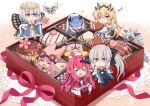  1boy 5girls armor blush box box_of_chocolates bug butterfly_wings cape cernunnos_(fate) chibi chocolate closed_eyes commentary cupcake fairy_knight_gawain_(fate) fairy_knight_lancelot_(fate) fairy_knight_tristan_(fate) fate/grand_order fate_(series) flower food habetrot_(fate) hat highres in_box in_container morgan_le_fay_(fate) moth multiple_girls musical_note oberon_(fate) one_eye_closed open_mouth pointy_ears ribbon rioshi smile star_(symbol) wings woodwose_(fate) 