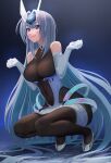  1girl :3 absurdres artist_name azur_lane bare_shoulders black_bodysuit black_legwear blue_eyes blue_hair bodystocking bodysuit breasts c.h.a cleavage closed_mouth commentary_request covered_navel detached_sleeves elbow_gloves eyebrows_visible_through_hair full_body gloves hair_between_eyes high_heels highres large_breasts light_blue_hair light_blush long_hair looking_at_viewer multicolored_hair new_jersey_(azur_lane) shadow solo sparkle squatting streaked_hair two-tone_hair very_long_hair wavy_mouth white_gloves 