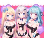 3girls :o balloon bangs black_bow black_ribbon blonde_hair blue_bow blue_choker blue_eyes blue_hair bow breasts choker cleavage closed_mouth collarbone commentary_request eyebrows_visible_through_hair grey_hair groin hair_between_eyes hair_bow hair_ornament hairclip hand_up hands_up heart heart_balloon highres hoshino_supika large_breasts long_hair looking_at_viewer low_twintails masquerade_channel multiple_girls naked_ribbon navel parted_lips pink_background red_eyes ribbon sidelocks small_breasts smile star_(symbol) star_hair_ornament tenshi_nano twintails usashiro_mani very_long_hair virtual_youtuber yumemiya_alice 