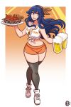  1girl absurdres alternate_costume alternate_legwear beer_mug blue_eyes blue_hair breasts cleavage clothes_writing cup employee_uniform fire_emblem fire_emblem_awakening food highres hooters long_hair looking_at_viewer lucina_(fire_emblem) mug navel open_mouth orange_shorts restaurant scruffyturtles short_shorts shorts smile solo symbol-shaped_pupils tank_top thighhighs uniform waitress 