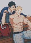  2boys :q abs bara bertolt_hoover blonde_hair bun_(bbb81bun) couple feet_out_of_frame highres large_pectorals male_focus multiple_boys nipples on_bench pectorals reiner_braun rugby_uniform shingeki_no_kyojin shirt_removed short_hair sitting smile sportswear thick_thighs thighs toned toned_male tongue tongue_out yaoi 