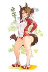  1girl :o animal_ears bangs brown_hair buruma fine_motion_(umamusume) full_body green_eyes horse_ears horse_girl horse_tail jacket long_hair long_sleeves looking_at_viewer open_mouth ponytail red_buruma red_footwear red_jacket ryoji_(nomura_ryouji) shoes simple_background sneakers solo standing tail track_jacket track_uniform umamusume white_background white_legwear 