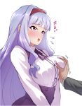  1boy 1girl blush bo_(bo) breast_grab breasts grabbing hairband hetero high-waist_skirt idolmaster idolmaster_(classic) large_breasts long_hair meme_attire nose_blush purple_eyes purple_skirt red_hairband shijou_takane shirt silver_hair skirt solo_focus sweatdrop translated upper_body very_long_hair virgin_killer_outfit white_shirt 