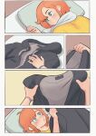  1girl bed blue_eyes blush colo_(nagrolaz) english_commentary freckles holding holding_clothes hood hoodie lying on_back pillow red_hair rita_(sweethex) shirt short_hair slippers solo sweethex towel towel_around_neck 