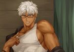  1boy archer_(fate) archer_(summer_casual)_(fate) automney bara blush bracelet brown_eyes commentary_request curtains dark-skinned_male dark_skin fate/grand_order fate_(series) glasses jewelry looking_at_viewer male_focus muscular muscular_male nipple_slip nipples official_alternate_costume open_clothes open_mouth pectoral_cleavage pectorals shirt short_hair sidepec smile solo sweat tank_top white_hair white_tank_top wooden_wall 