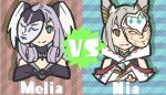  2girls absurdres animal_ears cat_ears cat_girl head_wings highena highres mask mask_on_head melia_antiqua multiple_girls name_tag nia_(xenoblade) splatoon_(series) vs wings xenoblade_chronicles_(series) xenoblade_chronicles_3 