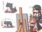  2girls arknights bitey_(arknights) black_hair breasts commentary deepcolor_(arknights) dragon_girl drawing_board dress dusk_(arknights) glasses hat horns monster multiple_girls pointy_ears red_eyes translated white_dress yodo_rado 