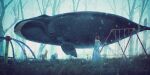  1girl backlighting blue_coat bowhead_whale brown_hair coat flying_whale forest grass highres hipy_(image_oubliees) long_coat nature object_request original park playground scarf silhouette solo spring_rider swing_set whale 
