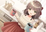  1girl bangs black_hair blush bow breasts cleavage coffee coffee_cup collarbone cup disposable_cup green_eyes hair_bow kitchen looking_at_viewer original skirt smile uramakaron 
