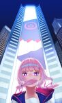  1girl blue_eyes building city commentary covered_mouth fuurin_sou highres hood hood_down hooded_jacket jacket kaf_(kamitsubaki_studio) kamitsubaki_studio long_hair multicolored_eyes night night_sky outdoors pink_hair pink_pupils sky skyscraper solo twintails upper_body virtual_youtuber 