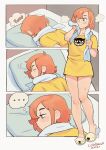  ... 1girl bed blue_eyes blush colo_(nagrolaz) english_commentary freckles pillow pomf red_hair rita_(sweethex) shirt short_hair signature slippers solo spoken_ellipsis sweethex thought_bubble towel towel_around_neck 