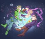  2boys aircraft airplane alcohol battle_tendency bird boots bubble caesar_anthonio_zeppeli cola crop_top dove feather_hair_ornament feathers floating flower green_jacket hair_ornament hermit_purple jacket jojo_no_kimyou_na_bouken joseph_joestar joseph_joestar_(young) knee_pads micken midriff multiple_boys orb pink_scarf plant purple_scarf ribbon scarf sky soda_bottle space stand_(jojo) star_(sky) starry_sky striped striped_scarf sunflower thorns triangle_print vines whiskey 