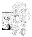  2boys alternate_universe artist_name aura belt blood blood_on_face bruise clenched_hands commentary_request dougi dragon_ball dragon_ball_z electricity fenyon floating glowing greyscale halo highres injury long_hair majin_vegeta male_focus monochrome multiple_boys muscular muscular_male no_eyebrows pants serious shirt simple_background son_goku spiked_hair super_saiyan super_saiyan_2 super_saiyan_3 surprised sweat torn_clothes vegeta veins wide-eyed wristband 