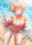  1girl ^_^ ^o^ absurdres asymmetrical_legwear beach bikini bikini_under_clothes bodypaint breasts bush cleavage closed_eyes collarbone cross-laced_bikini cross-laced_clothes floral_print flower hair_flower hair_ornament highres idolmaster idolmaster_cinderella_girls jacket jougasaki_mika large_breasts midriff multi-strapped_bikini navel outdoors pink_jacket print_bikini sand shaddoll_fusion sitting skindentation solo swimsuit twintails w wariza water 