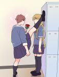  2girls blonde_hair blue_eyes brown_eyes brown_hair curryuku eyebrows_visible_through_hair flower foot_against_wall hanna_schulerin holding holding_flower kabedon locker multiple_girls not_so_shoujo_love_story rei_(not_so_shoujo_love_story) sparkle split standing standing_on_one_leg standing_split yuri 